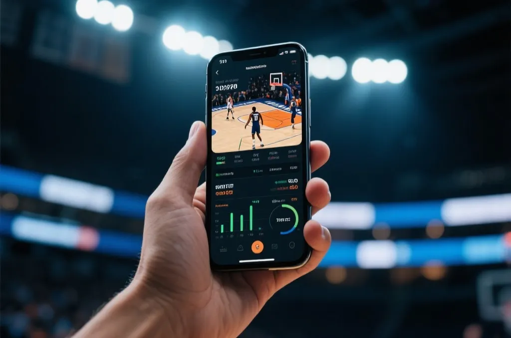 Close-up of a hand holding a sleek smartphone showing real-time basketball match statistics and player analytics, bright stadium lights in the background, high-tech feel